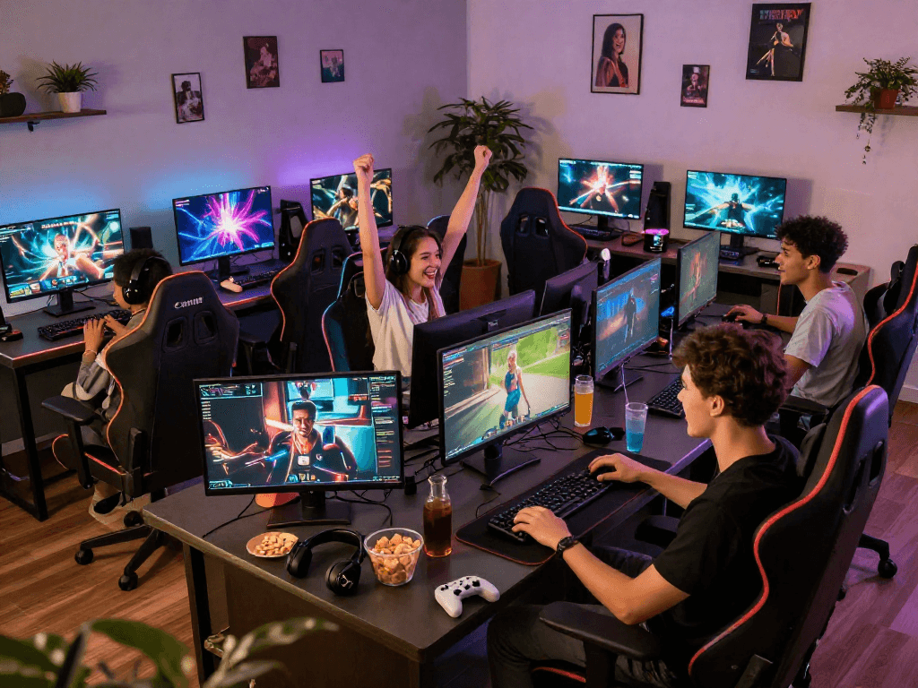 Gamers enjoying interactive porn games in a vibrant gaming lounge.
