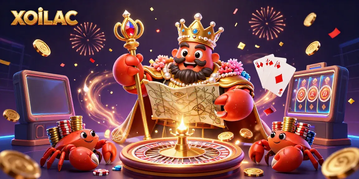 Experience the exciting richness of XOILAC with a massive crab emperor and golden chips in a lively casino scene.