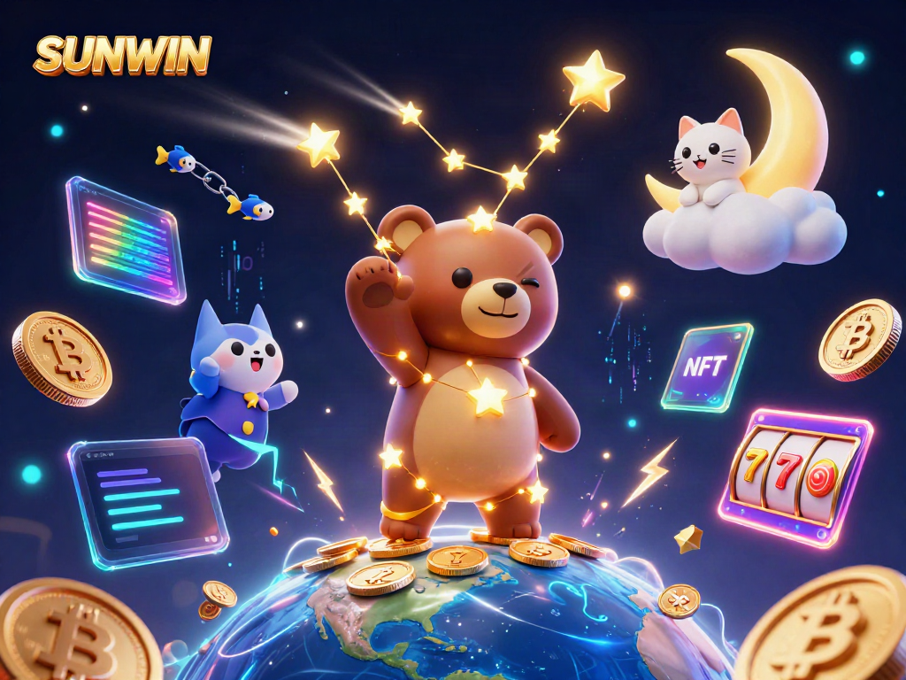 SUNWIN illustration showcasing a constellation bear scooping coins with slot symbols around in a night sky