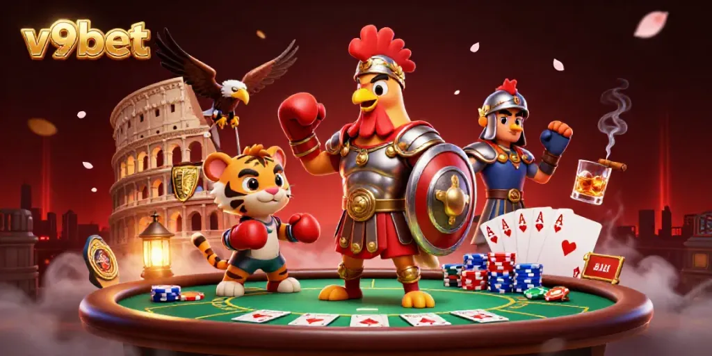 Experience big wins at V9bet with this vibrant casino-themed illustration featuring epic characters and poker elements.