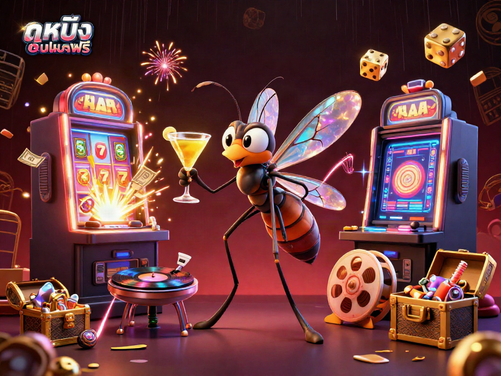 Experience thrilling ดูหนังออนไลน์ฟรี with vibrant characters and exciting symbols in a neon-lit casino atmosphere.