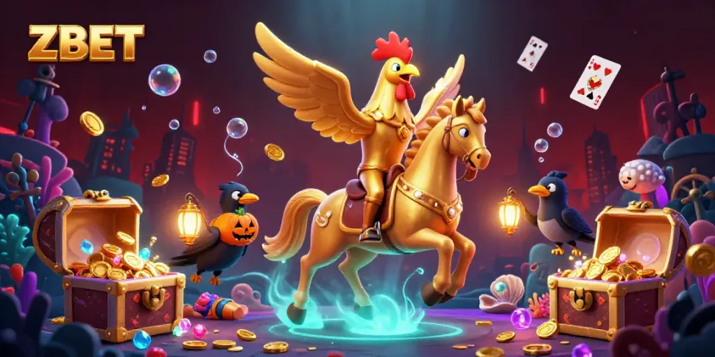 ZBET brings excitement to life with a dynamic illustration of a golden rooster in a midnight casino filled with treasures.