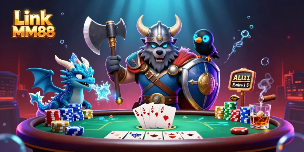 Win big with Link MM88 at an energetic casino scene featuring poker elements and mystical characters.