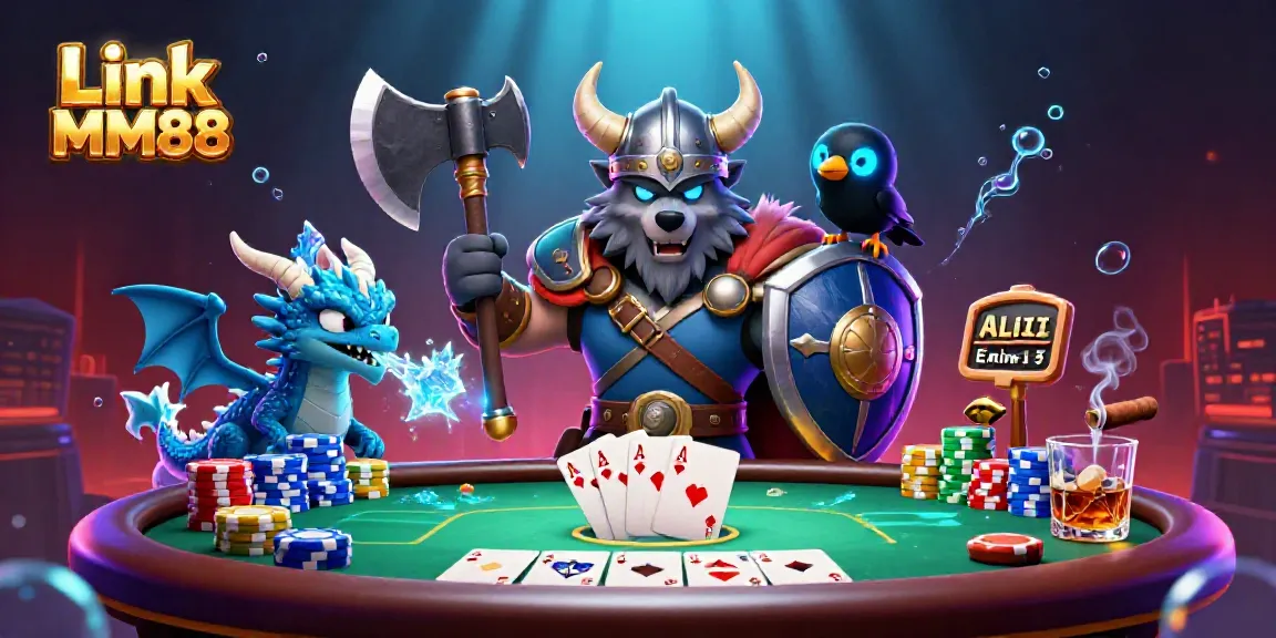 Win big with Link MM88 at an energetic casino scene featuring poker elements and mystical characters.