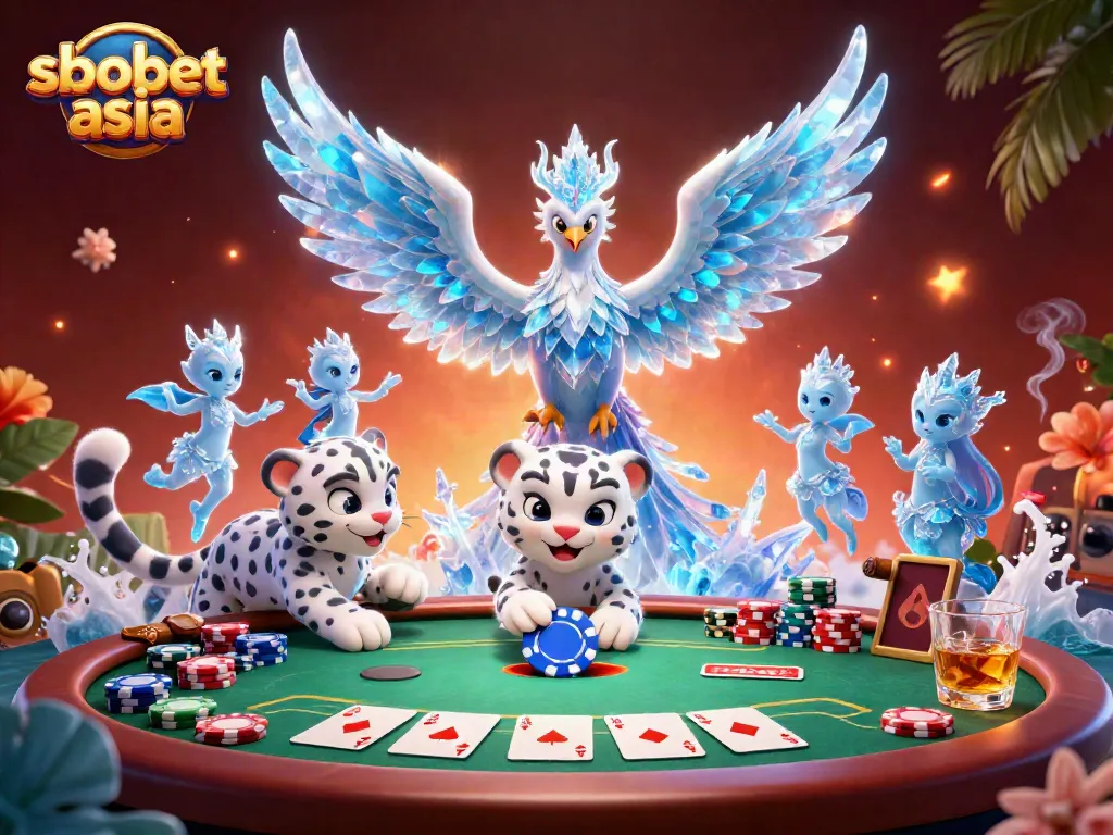 Engage in sbobet asia betting action with an ice phoenix and playful snow leopard at a poker table.