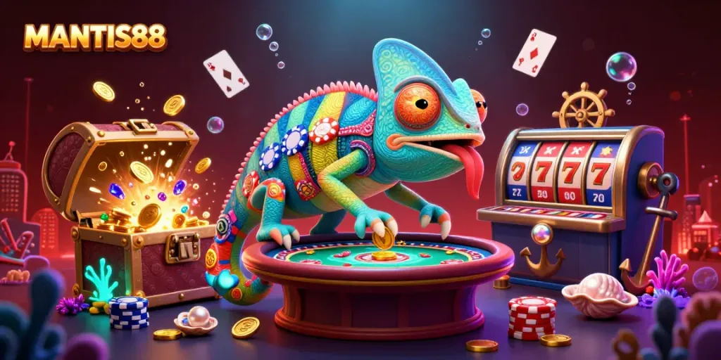 Experience vibrant gameplay at MANTIS88 with a chameleon casino owner amidst a treasure-filled scene.