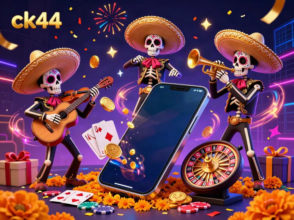 Engage in thrilling gaming on ck44, featuring skeleton mariachi members with slots, coins, and festive decor.