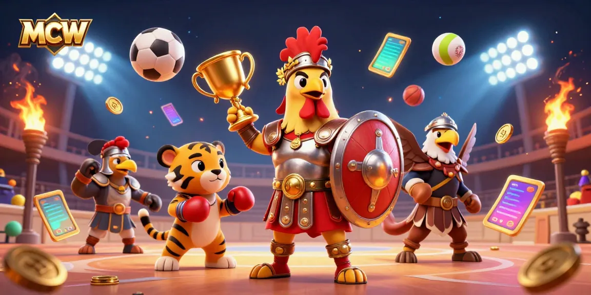 Engaging MCW gaming illustration featuring a gladiator rooster and tiger cub, surrounded by sports elements.