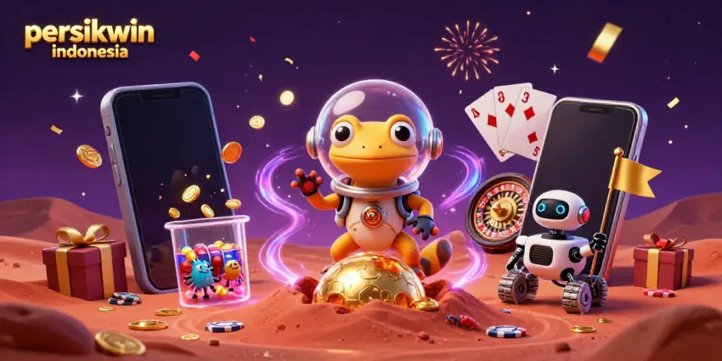 Gambarkan persikwin indonesia dengan gecko Martian dan kasino emas di Mars