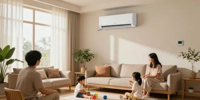 Family enjoying comfort with a mini split air conditioner in a modern living room.