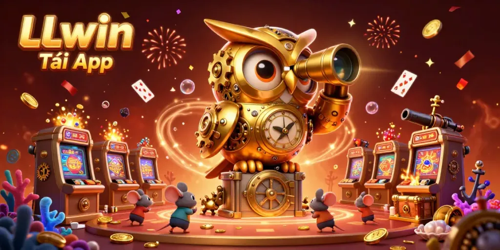 Engage with LLwin Tải App in a vibrant casino-themed 3D scene featuring a golden owl and wind-up mice.