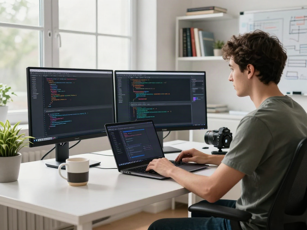 Software developer at a modern workspace utilizing v2rayN官网 for efficient coding and debugging.