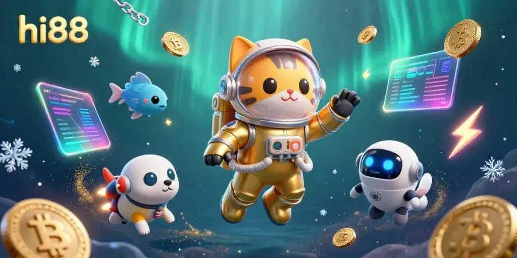 Experience thrilling adventures at hi88 with a cosmic cat and robot dog surrounded by digital treasures.