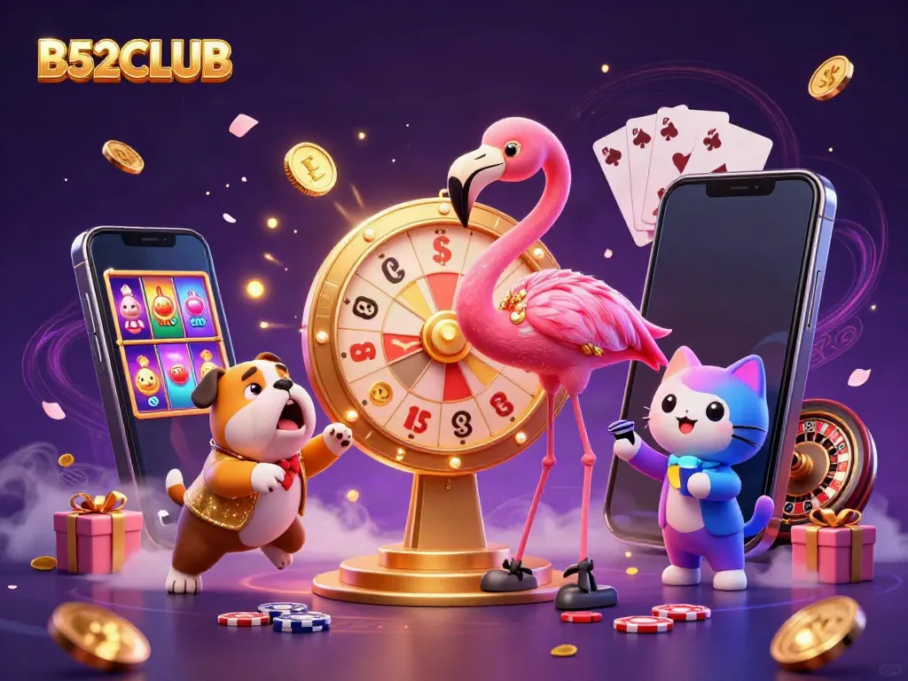 B52CLUB game host flamingo with golden prize wheel and excited bulldog in a vibrant casino scene.