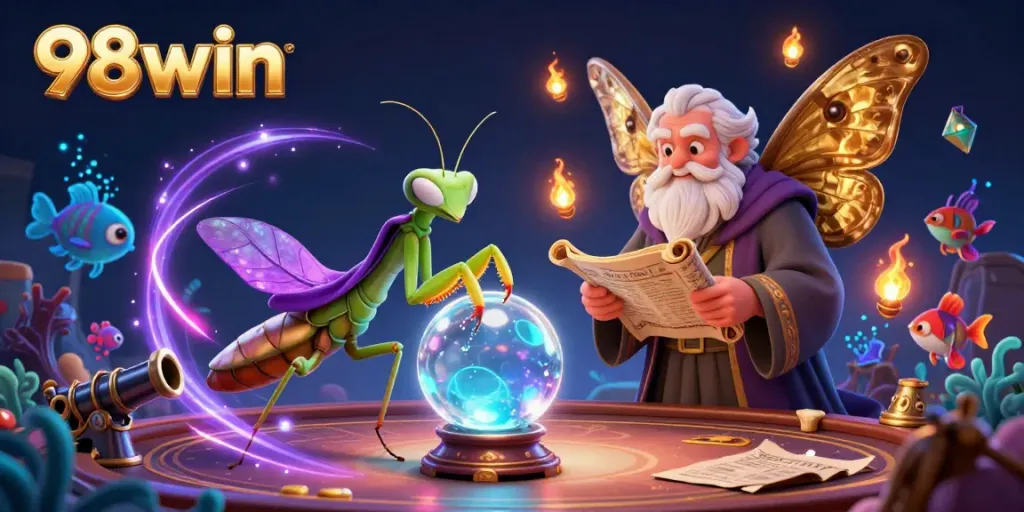 Experience engaging fish shooting action at 98win with vibrant underwater elements, sea creatures, and fortune tellers.