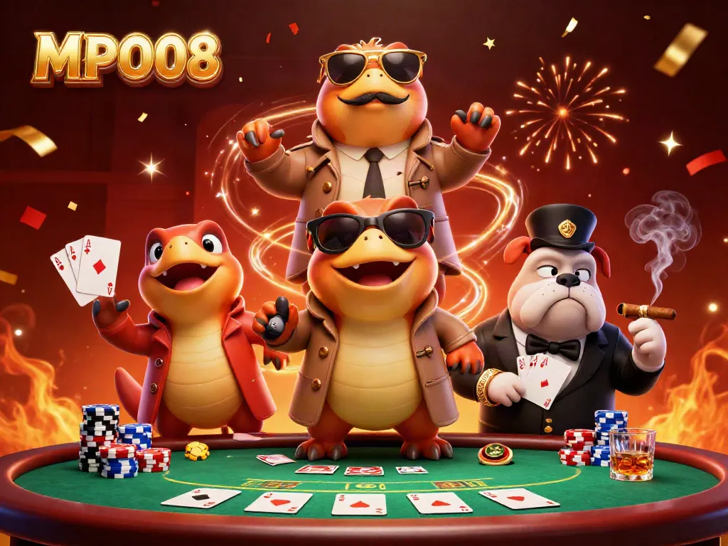 MPO08 showcases raptors in a trench coat entering a casino, adding humor to the gaming experience.
