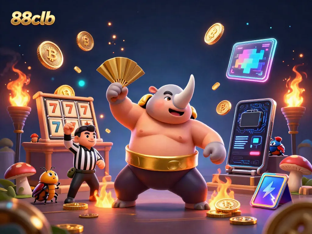 Experience the excitement of 88clb with vibrant characters, slot reels, and virtual tokens flying in a dynamic casino atmosphere.