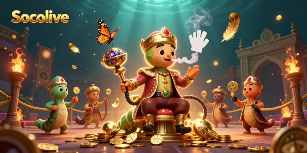 Socolive delivers a vibrant 3D casino scene featuring a caterpillar master, poker symbols, and dynamic gaming elements.