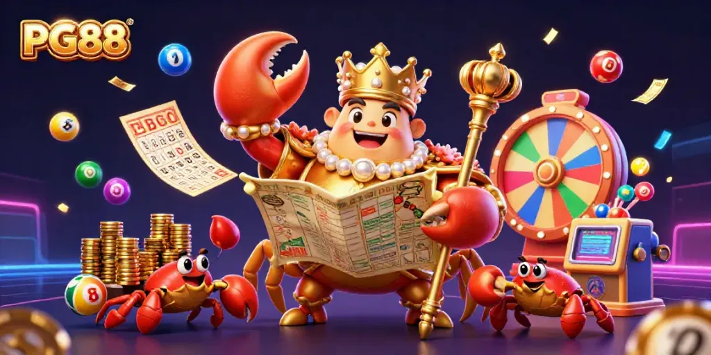 Engage with PG88's exciting gambling adventure featuring a golden crab emperor amidst vibrant elements.