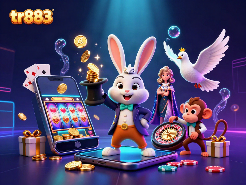 Experience excitement with the tr883-themed 3D illustration showcasing a magician rabbit, coins, and casino elements.
