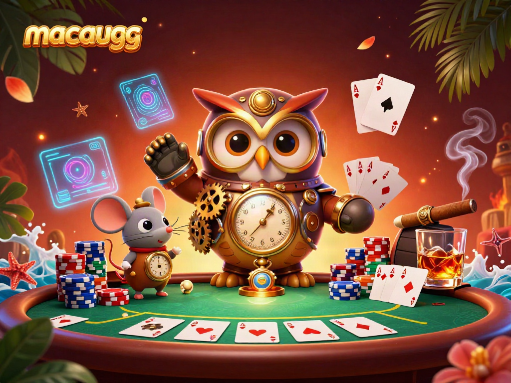 Explore vibrant casino scenes with macaugg and steampunk elements, showcasing card games and rich visuals.