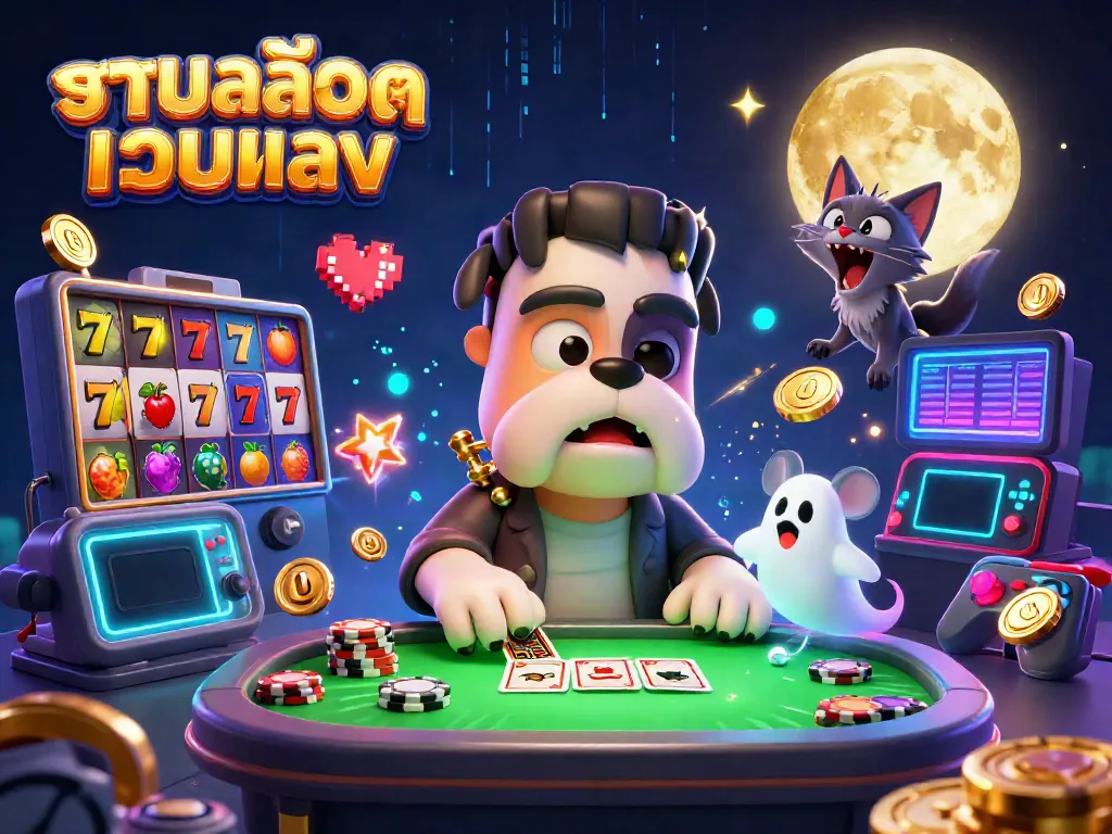 Engage with รวมสล็อตเว็บตรง by a 3D Frankenstein bulldog dealing cards at a spooky casino table, alongside vibrant slot game elements.