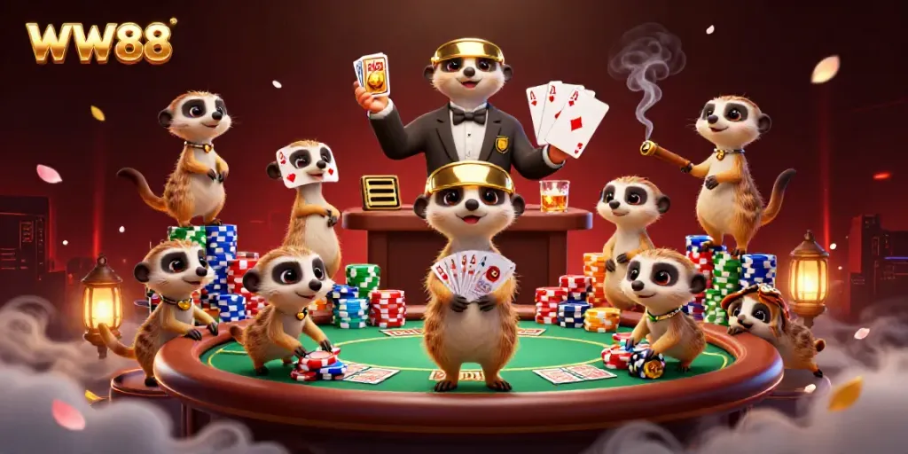 WW88 meerkats in a colorful casino scene showcasing poker tables and dramatic winnings.