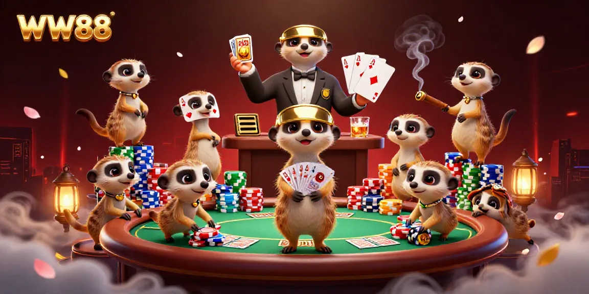 WW88 meerkats in a colorful casino scene showcasing poker tables and dramatic winnings.