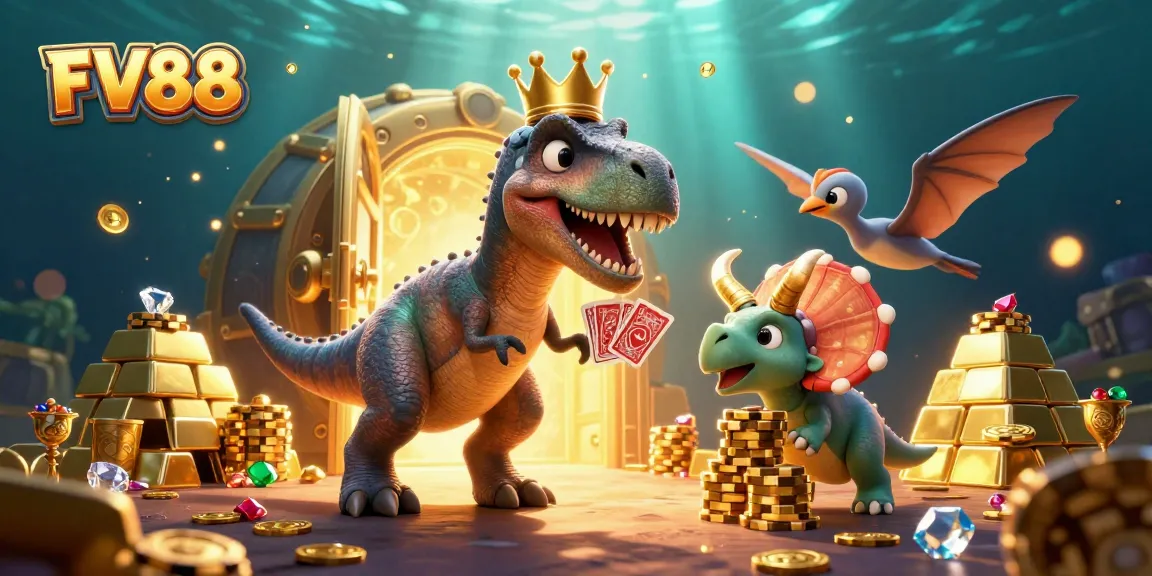 Experience exciting card games with FV88's playful characters in an immersive casino setting.