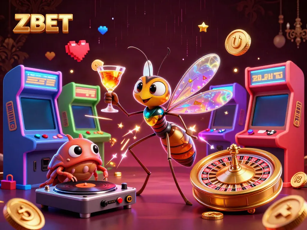 ZBET casino scene with a mosquito mascot, trilobite DJ, and ammonite roulette wheel, surrounded by vibrant arcade elements.