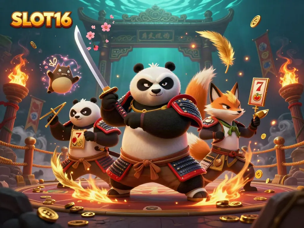 SLOT16 gamified scene featuring a samurai panda, ninja fox, and tanuki in a dynamic gambling environment.