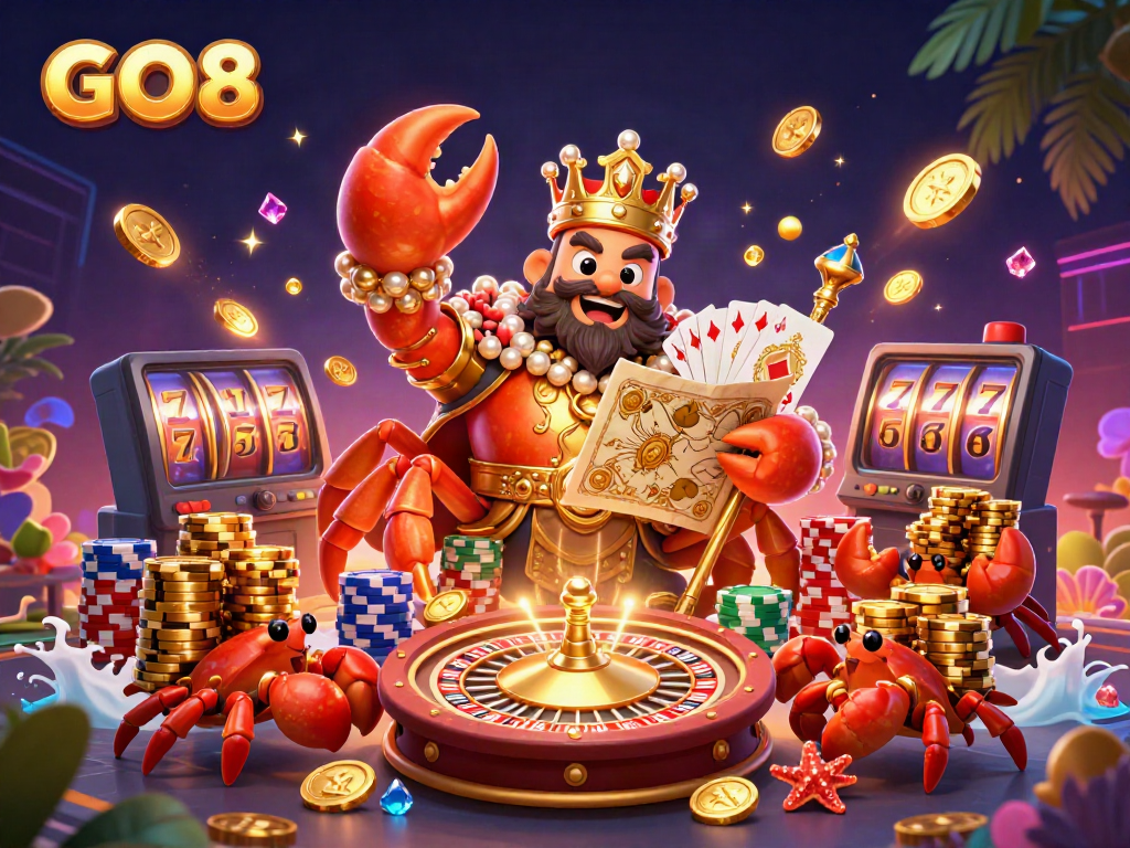 Spin and win at GO8 with a golden crab emperor, sparkling gems, and vibrant casino elements.