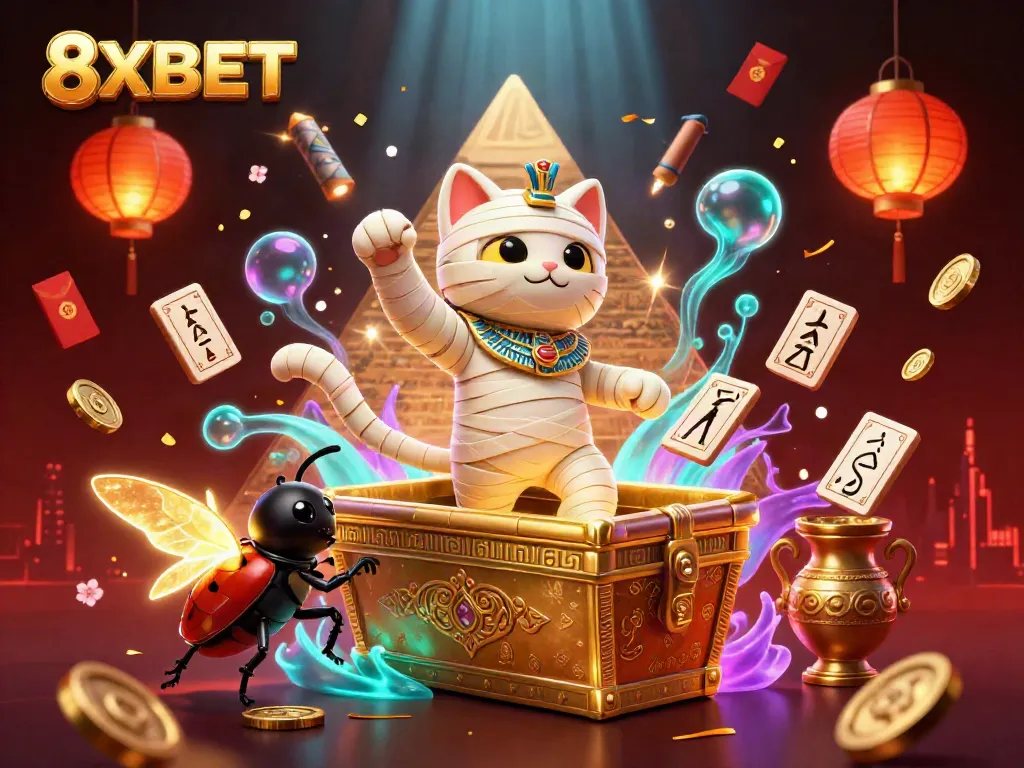Experience the thrill of 8XBET with an Egyptian mummy cat and casino elements bursting with excitement.