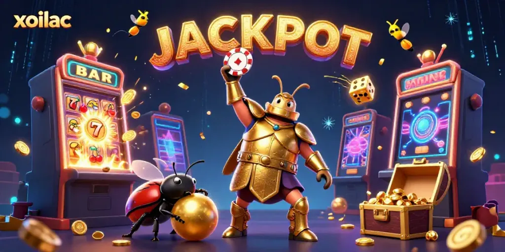 Experience the excitement of xoilac as a heroic beetle lifts a poker chip, surrounded by vibrant casino elements.