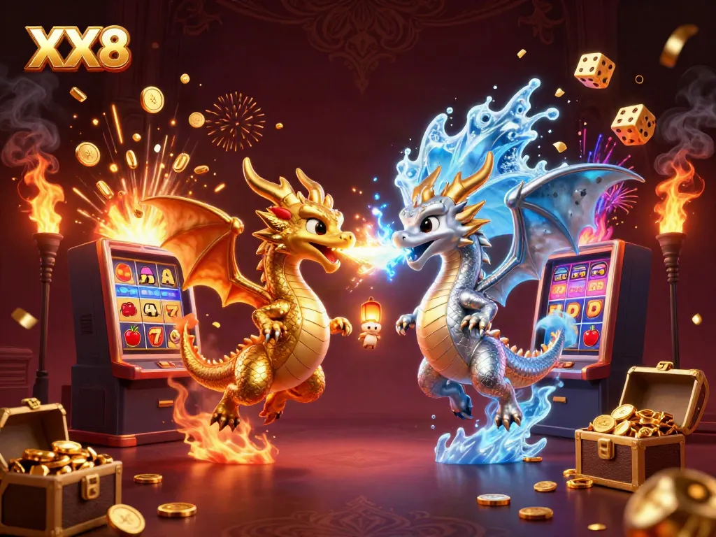 Experience dynamic gaming at XX8 with dragons, slot machines, and treasures in a thrilling 3D scene.