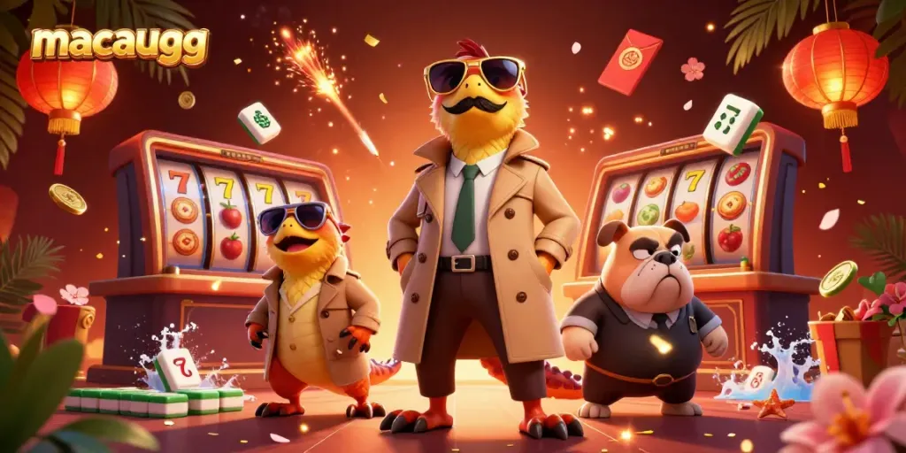Raptors disguised as a tall person attempting to enter a VIP casino, featuring macaugg branding and casino elements.