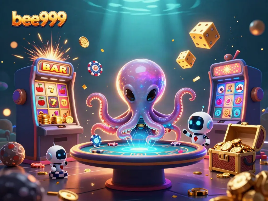 Engage in thrilling games at bee999, with an alien octopus and jackpot-rich casino elements creating excitement.