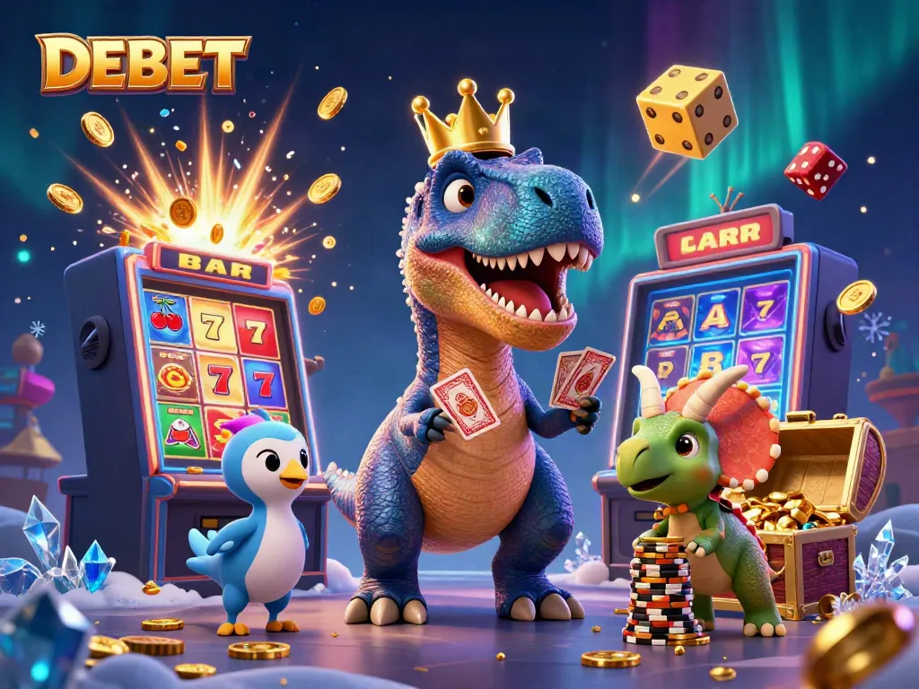 Engaging illustration of DEBET casino scene featuring a T-Rex, pterodactyl, and triceratops with gaming elements.
