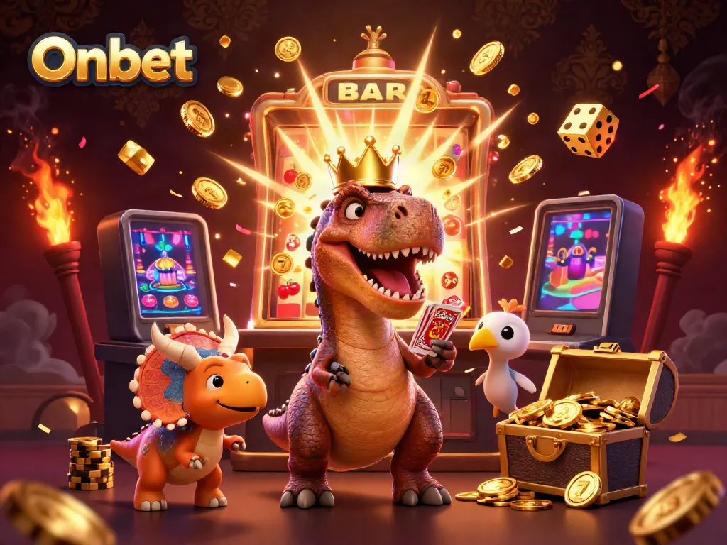 Experience Onbet's thrilling casino scene with a colorful and dynamic 3D illustration of gaming characters.