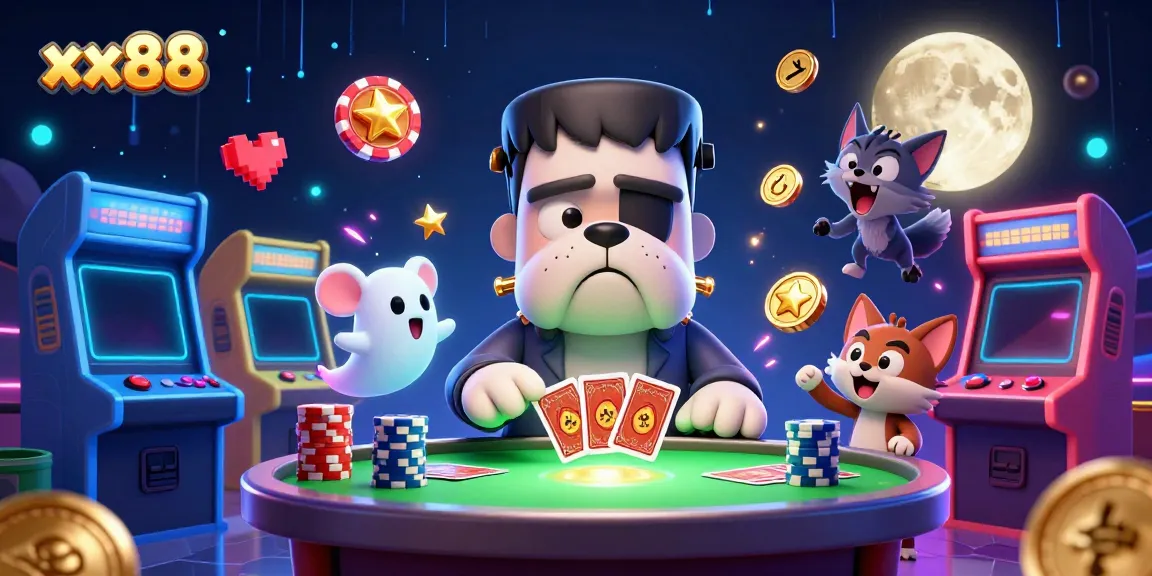 Engage with xx88 as a Frankenstein bulldog deals cards at a haunted casino table.