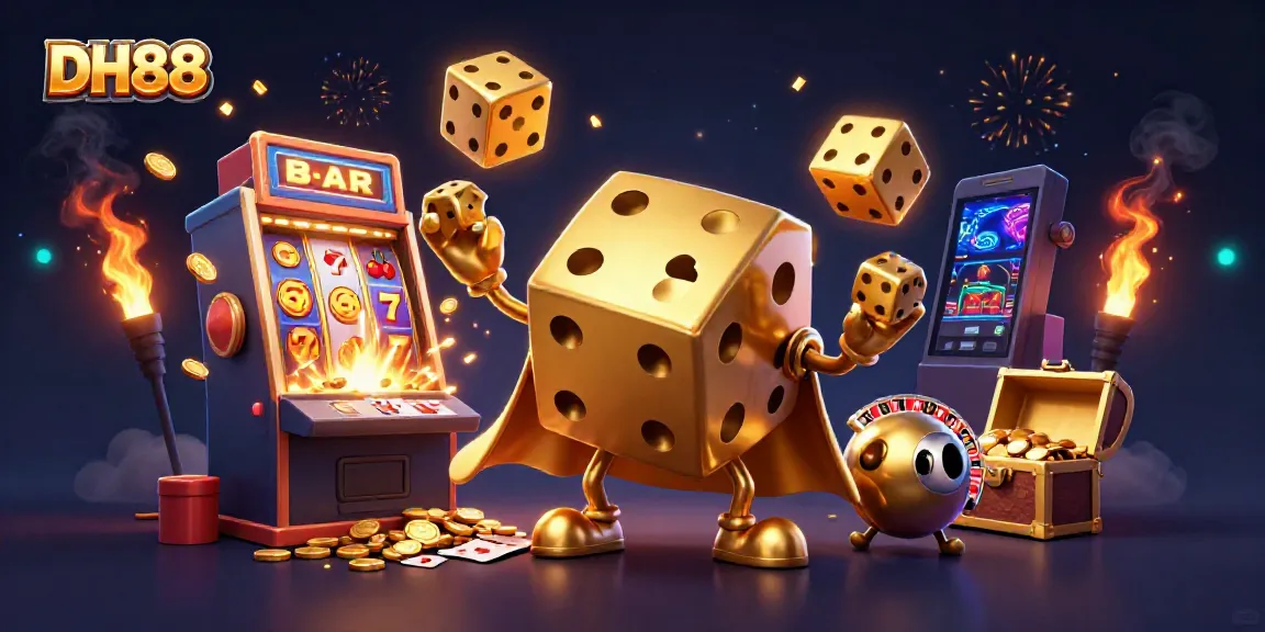 Join the fun at DH88 as the golden dice golem juggles dice amid a vibrant casino scene.