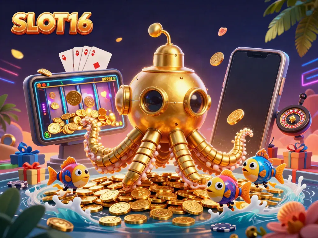 SLOT16 showcases a vibrant scene with a golden kraken submarine and slot game elements bursting with excitement.