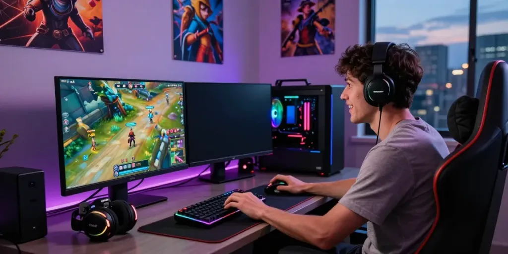 Gamer immersed in mod apk gameplay on dual monitors with gaming setup.