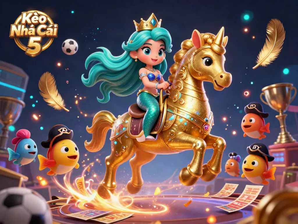 Kèo Nhà Cái 5 captures an energetic sports betting scene with a mermaid riding a giant seahorse amid vibrant betting elements.
