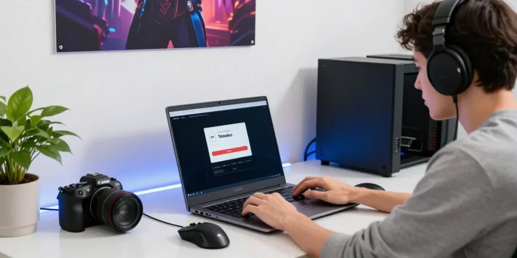 Engaging user at Totobet login on a modern gaming laptop in a sleek workspace.