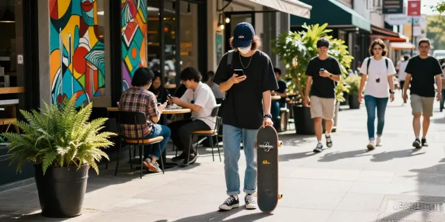 A young adult checking their smartphone for Super33 Daftar updates in an urban café setting.
