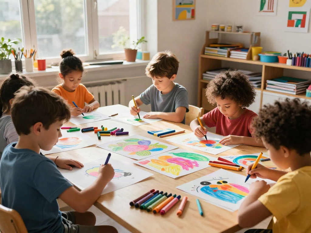 Engaged children exploring creativity with a crayon supplier's various crayon types in a bright studio.