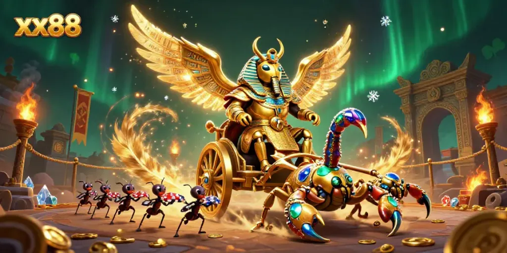 Experience the excitement of xx88 with a golden scarab beetle in pharaoh armor, surrounded by casino elements.