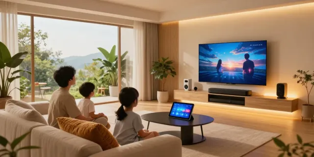 Smart home interior with family enjoying movie night, featuring خانه هوشمند جهان اسمارت technology.