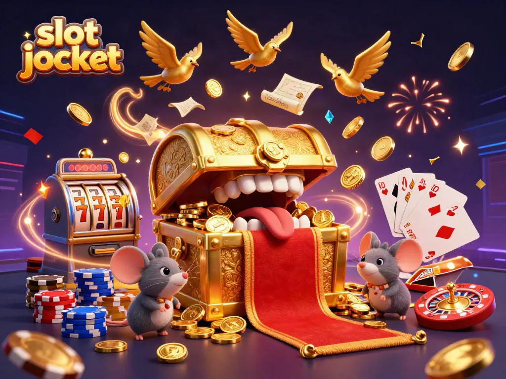 Engage with exciting slot jackpot games, featuring a vibrant 3D casino scene filled with treasure and rewards.
